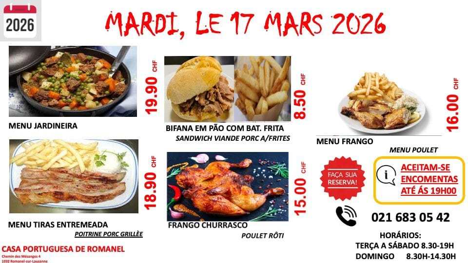 Exemple de menu du jour à la Casa Portuguesa de Romanel.