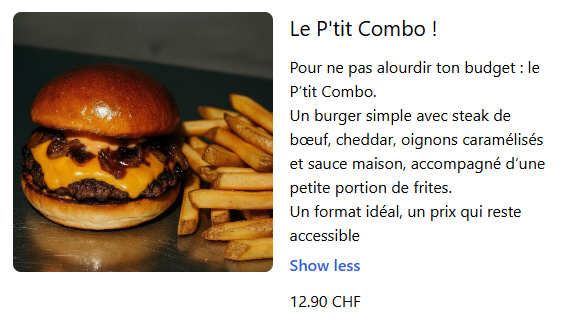 Extrait de menu chez Mealz, le P'tit Combo.